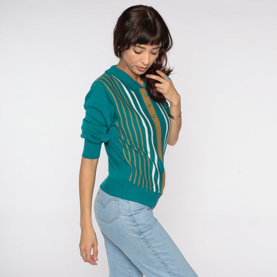 Striped Polo Sweater Teal Striped Sweater 80s Nec… - image 5