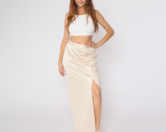 Vintage Cream Satin Maxi Skirt High Front Slit Satin JR Nites Column Elastic Waist Formal Party Evening USA Made Small Medium