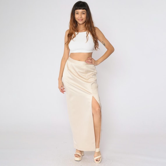 Vintage Cream Satin Maxi Skirt High Front Slit Satin JR Nites Column Elastic Waist Formal Party Evening USA Made Small Medium