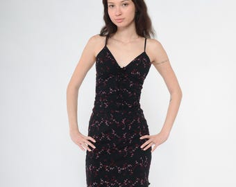 Vintage Y2K Floral Bodycon Dress Black Mini Party Night Out Ruffled Lettice Edge Hem 00s Summer Spaghetti Strap 00s V Neck Extra Small xs