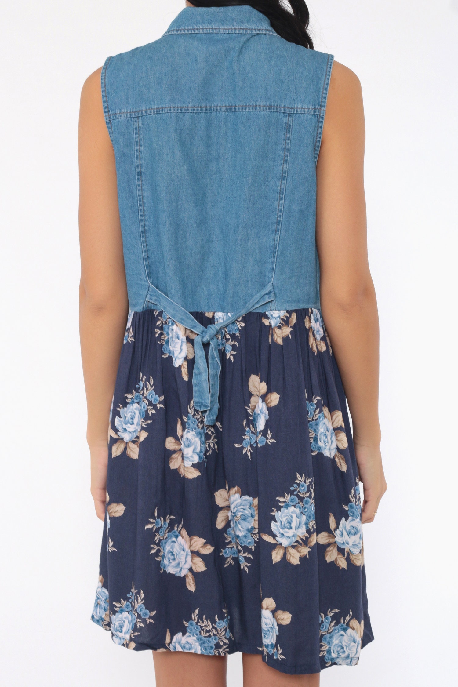 Floral Denim Dress 90s Mini Jean Grunge Dress Vintage Summer 1990s Button Up High Waist Ditsy 