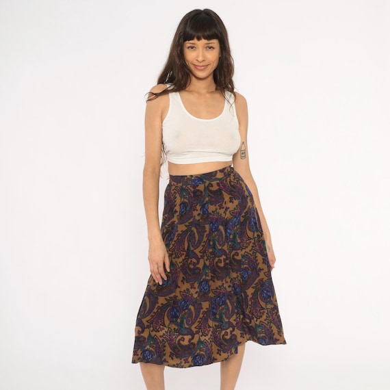 Paisley Silk Skirt 80s Floral Pleated Midi Purple Teal Navy Blue Tan Gold High Waist Side Zip Botanical Print Knee Length Vintage Small S