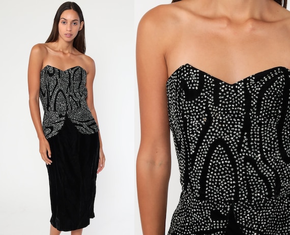 Black Velvet Dress 80s Strapless Prom Mini Dress Silver Rhinestone Party 1980s Sweetheart Neckline Sheath Vintage Cocktail Extra Small xs