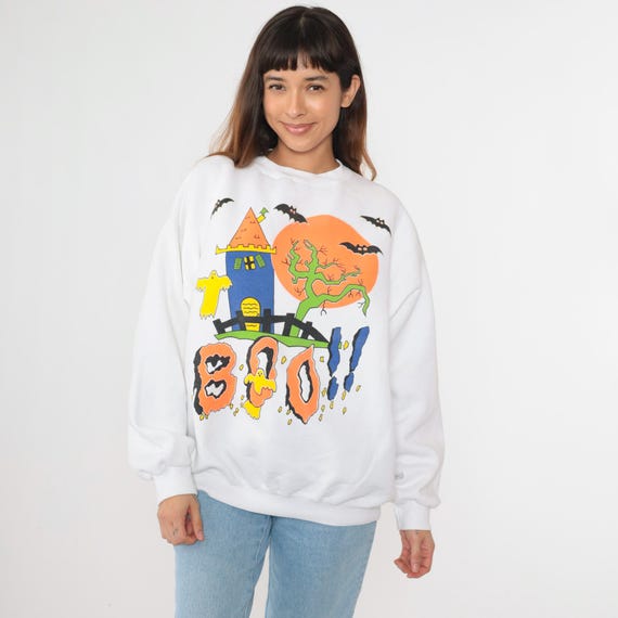 Vintage Halloween Sweatshirt Boo! Ghosts Haunted House 90s Graphic Shirt Spooky Fall Pullover 1990s Tultex Extra Large xl