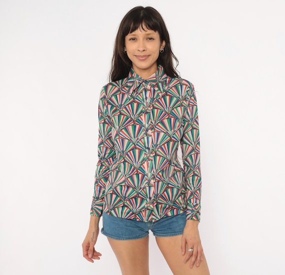 70s Fan Print Shirt Geometric Blouse Green Cobalt Red Button Front Pointed Collar Long Sleeve Colorful Psychedelic Vintage Top Small S