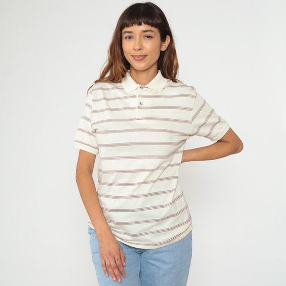 Vintage Off-White Striped Polo Shirt 80s Collared T-Shirt Retro Half Button Up Short Sleeve TShirt Preppy Brown Rust 1980s Medium M