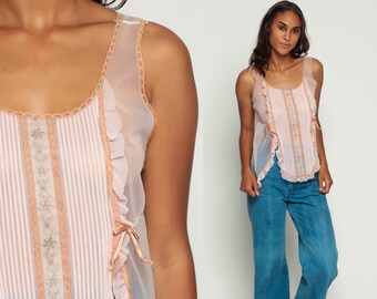 Pastel Lingerie Top Sheer Babydoll Top Lace Tank 70s Ruffle Baby Pink Nylon Pin Up Boho Romantic Sexy Vintage Pinup Bohemian Large