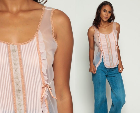 Pastel Lingerie Top Sheer Babydoll Top Lace Tank 70s Ruffle Baby Pink Nylon Pin Up Boho Romantic Sexy Vintage Pinup Bohemian Large