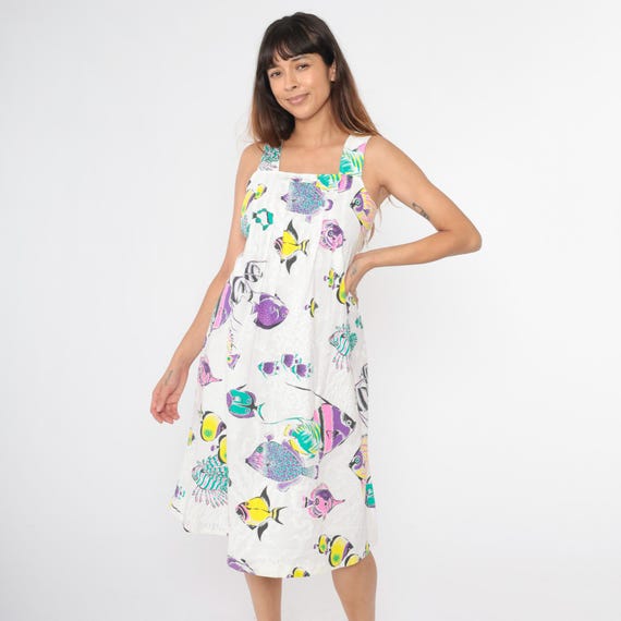 Vintage 80s Tropical Fish Dress Sleeveless Sundress Square Neck Knee Length Midi White Summer Beach Dress Extra Small xs