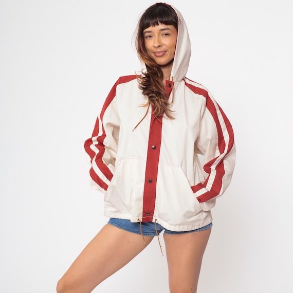 Racing Stripe Jacket 70s Montgomery Ward Red White Windbreaker Vintage Hooded Snap Front Sports Track Athletic Retro Color Block Medium M