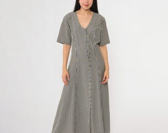 90s Gingham Maxi Dress Navy Check Button Front Grunge Alternative Soft Goth Short Sleeve Long Dress Plaid Cottagecore Indie Size 12 Large L