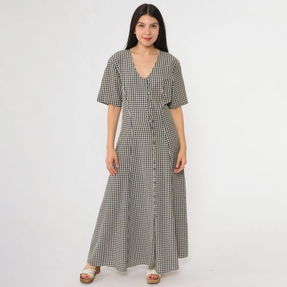 90s Gingham Maxi Dress Navy Check Button Front Grunge Alternative Soft Goth Short Sleeve Long Dress Plaid Cottagecore Indie Size 12 Large L