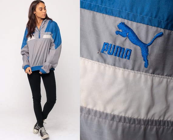 Puma Jacket 80s Windbreaker Jacket Hooded Jacket Hoodie Half Zip Pullover Stripe Shell Jacket Hipster Vintage 1980s Grey Small Medium