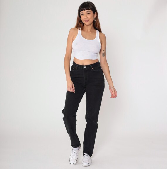 Levis Black Jeans High Waisted Straight Leg 90s Vintage Cotton Denim Five Pocket Dark Wash Classic Fit Long Inseam 33 Minimalist Medium M