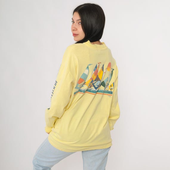 90s Sailboat Boothbay Harbor Maine Shirt Yellow Hanes Beefy T Long Sleeve Regatta Graphic Nautical Coastal Sailing Swim Surf Extra Large XL