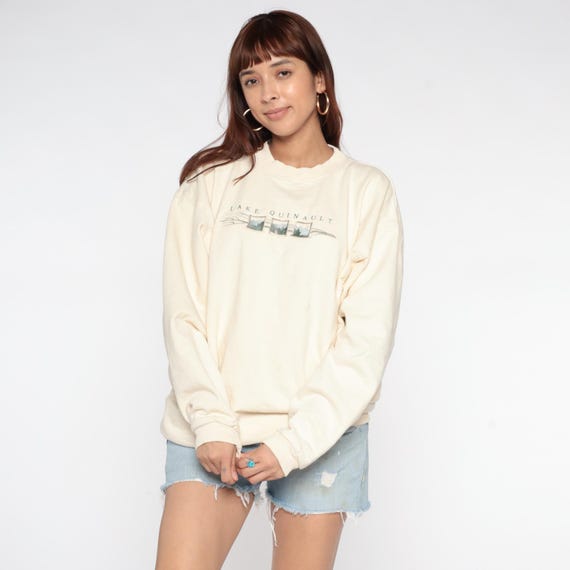 Lake Quinault Sweatshirt 90s Cream Crewneck Long Sleeve Neutral Landscape Nature Travel Merch Pacific Northwest Vintage Extra Large XL 16
