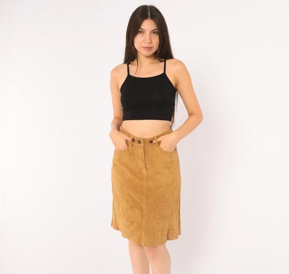 Y2K Tan Suede Skirt A Line Beige Leather 2000s Western Cowgirl Americana Cottagecore Dark Academia Earth Tone Camel Brown Vintage Small S