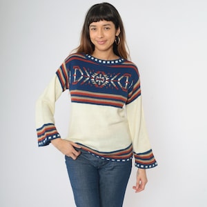 Vintage 70s Southwestern Sweater Cream Bell Sleeve Bohemian 1970s Boho Striped Southwest Knit Geometric Pullover Jumper Blue Orange Medium
