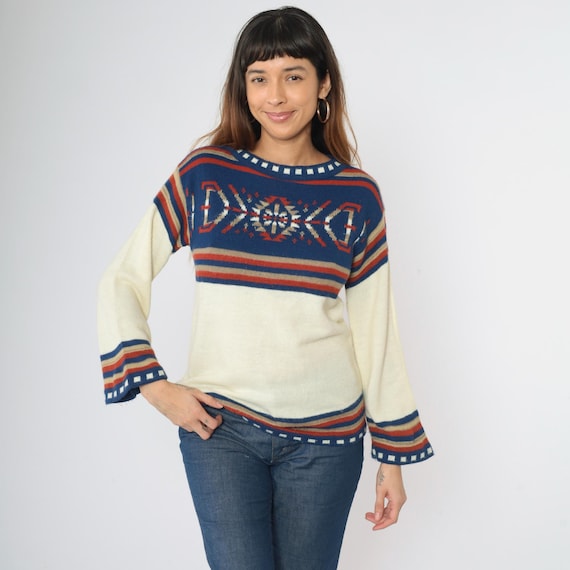 Vintage 70s Southwestern Sweater Cream Bell Sleeve Bohemian 1970s Boho Striped Southwest Knit Geometric Pullover Jumper Blue Orange Medium