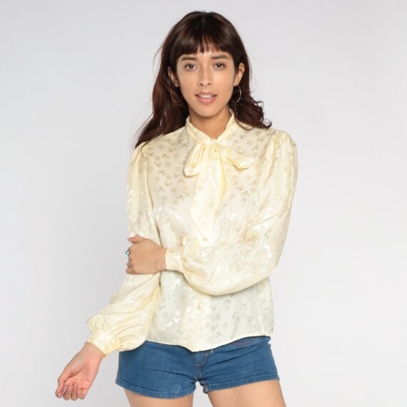 Embossed Ascot Blouse 80s Cream Neck Tie Top Flor… - image 2