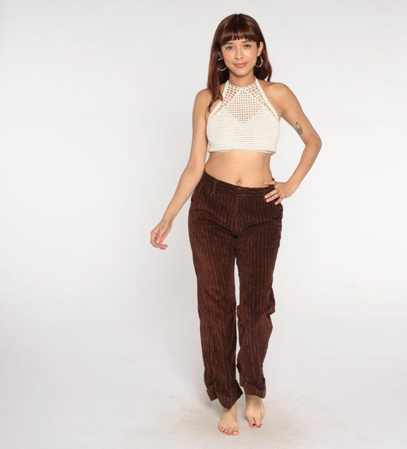 70s Corduroy Pants Brown Pinstripe High Rise Straight Leg Vintage Trousers Chocolate Striped Wide Leg Bottoms Hippie Bohemian Waist Size 32