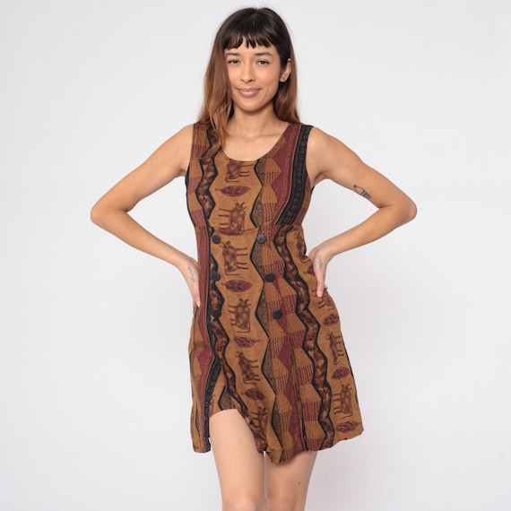 Boho Romper Dress 90s Attached Shorts Mini Dress Brown Cow Petroglyph Print Sundress Front Slit Button Sleeveless Grunge Vintage 1990s XS