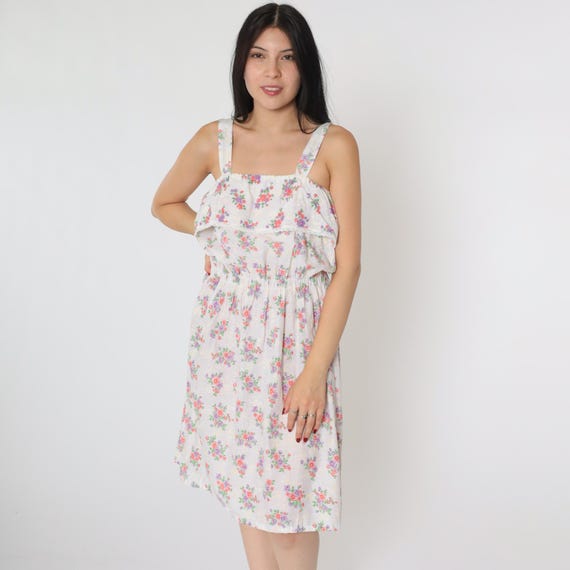 70s Sun Dress White Floral Sundress Ruffled Boho Midi Summer Dress Hippie 1970s Vintage High Elastic Waist Tank Straps Bohemian Small Medium