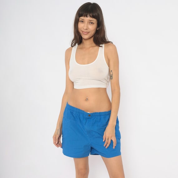 90s Royal Blue Swim Trunks Cobalt Cotton Shorts Elastic Waist Short Side Slit Beach Summer Beach Vacation Casual Crew Brand Vintage Large L