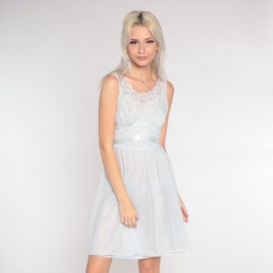 Vanity Fair Nightgown 60s Baby Blue Lace Slip Babydoll Lingerie Vintage Boho Pastel Nylon Midi 1960s Empire Waist Sheer Pinup Extra Small xs