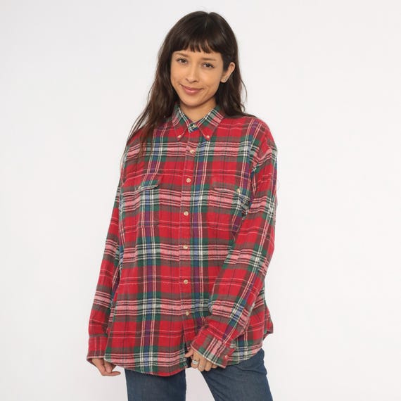 90s Grunge Flannel Shirt Red Plaid Cotton Button Down Collar Long Sleeve Green Tartan Check Two Pocket Lumberjack Top Vintage Extra Large XL