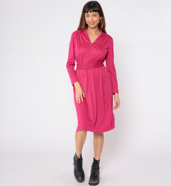 Bright Pink Midi Dress 70s Blouson Dress Belted Button Neck Long Sleeve Dress Fuchsia High Waisted 1970s Vintage Plain Small Medium Petite