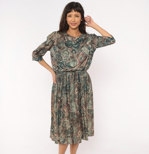 80s Abstract Floral Dress Teal Patchwork Print Pleated Skirt Puff Sleeve Earth Tone Geometric Pattern Nerdcore Vintage Medium To Large ML