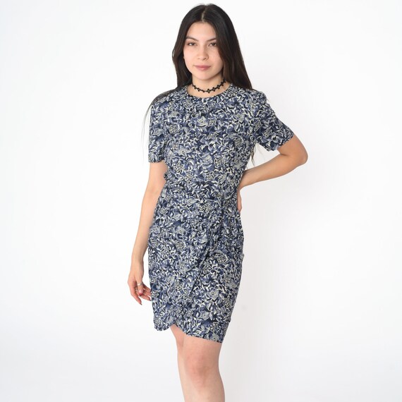 Floral Sheath Dress 90s Mini Dress Flower Print Wrap Tie Skirt Rayon Party Summer Boho Short Sleeve Blue White Vintage 1990s Small 4