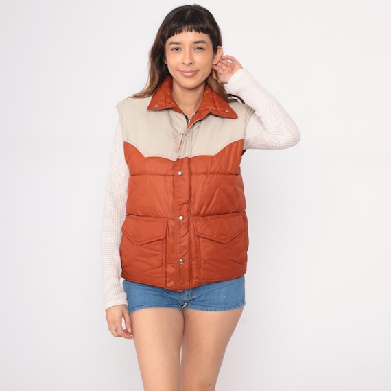 80s Western Puffer Vest Rust Orange Cream Quilted Sleeveless Down Style Waistcoat Vintage Outdoor Hiking Camping Gorpcore Ranchwear Small S