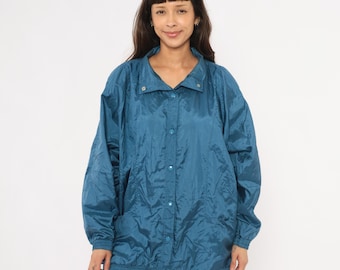 Jaren 80 windjack blauw gevoerd groenblauw leisteen atletische streetwear warming-up sportieve vintage jas ontspannen pasvorm atletisch hardlopen joggen grote L