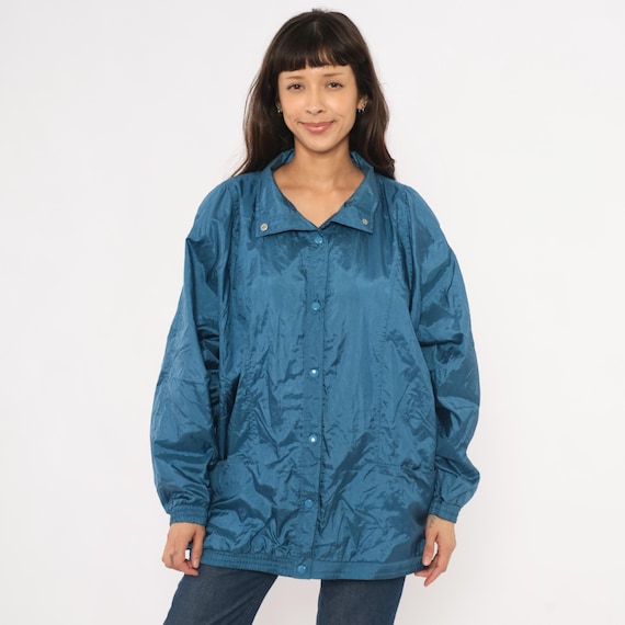 80s Windbreaker Jacket Blue Lined Teal Slate Athletic Streetwear Warm Up Sporty Vintage Coat Relaxed Fit Athletic Running Jogging Large L