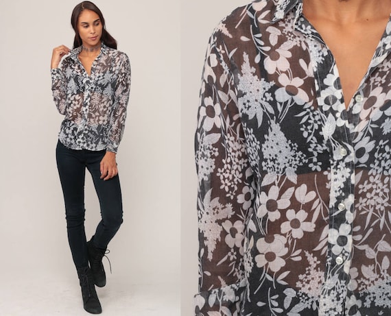 Black Floral Blouse 70s Boho Top Sheer Button Up Shirt Bohemian Long Sleeve 1970s Vintage Boho Hippie Romantic White Grey Small