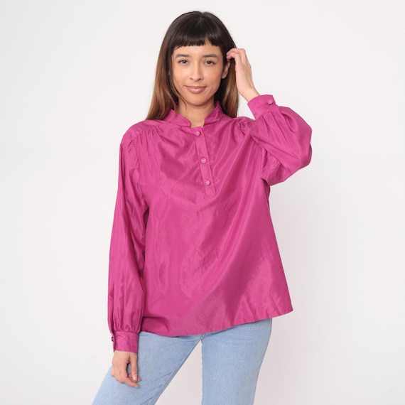 80s Pink Blouse Pierre Cardin Button Front Band Collar Long Sleeve Magenta Fuchsia Shirt Vintage Top Secretary Office Style Extra Large XL