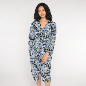 Floral Pencil Dress 90s Midi Dress Button up Long Sleeve High Waisted Day Dress Retro Blue Flower Print Pockets Black Vintage 1990s Small S