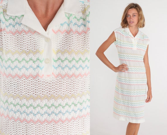 70s Crochet Dress White Knit Midi Dress Pastel ZigZag Striped Collared Button up Open Weave Retro Day Summer Cap Sleeve Vintage 1970s Medium