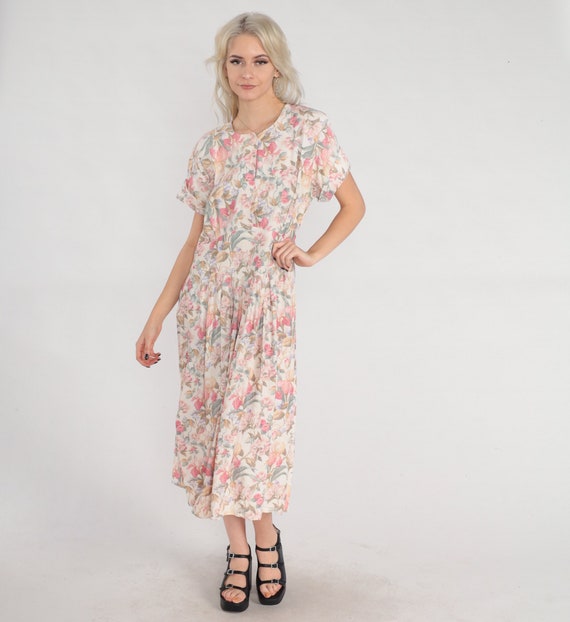 Floral Midi Dress 80s Day Dress Retro High Waisted Short Sleeve Botanical Iris Flower Print Pastel Cream Pink Green Vintage 1980s Large L 14