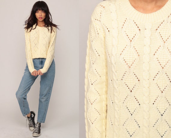 Wool Sweater Cable Knit Cream 80s Fisherman Sweater Semi-Sheer Slouchy Hipster Boho Pullover Cableknit 1980s Jumper Vintage Large
