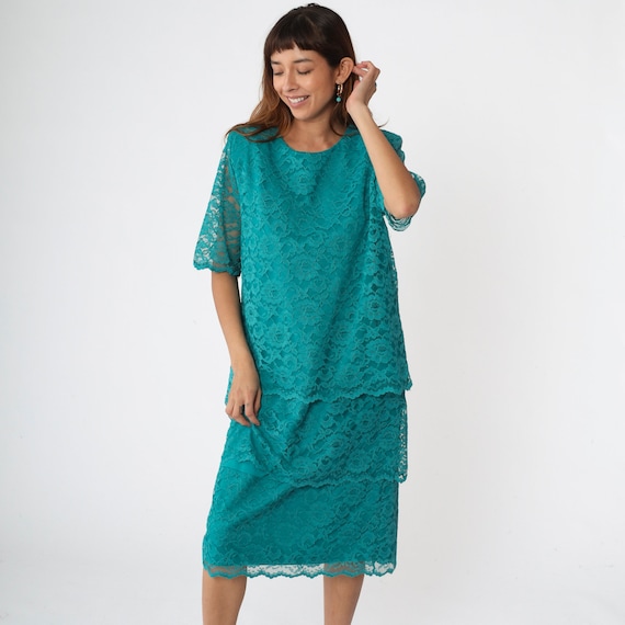 Teal Lace Dress 90s Midi Dress Bohemian Party Floral Lace Sheath Tiered Formal Cocktail Short Sleeve Shift Green Vintage 1990s Medium Large