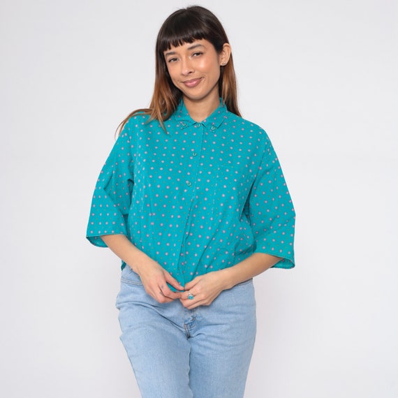 Geometric Floral Shirt 90s Turquoise Blue Button up Blouse Half Sleeve Collared Top Ditsy Diamond Flower Print Cotton Vintage 1990s Large L