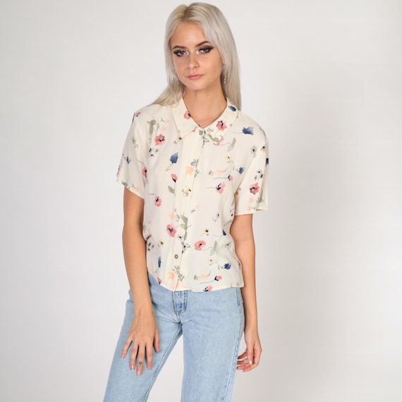 Cream Floral Blouse 90s Button up Shirt Short Sleeve Watercolor Flower Print Collared Top Retro Boho Summer Vintage 1990s Petite Small S