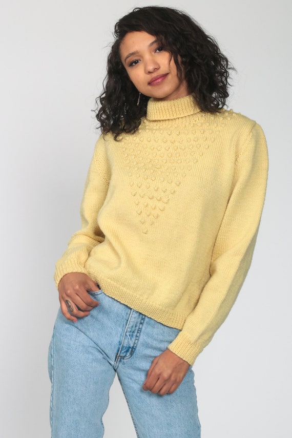 Cream Nubby Sweater 70s Textured Funnel Neck Knit… - image 4