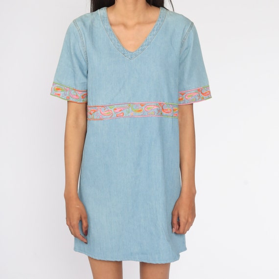 Embroidered Denim Dress 90s Paisley Embroidered D… - image 7