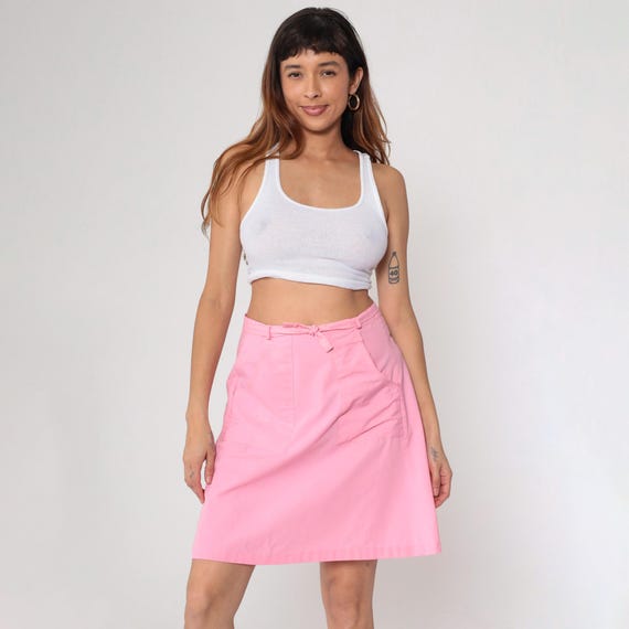 70s Wrap Skirt Pink High Waisted Midi Skirt Mini Length Plain Basic Summer Adjustable Simple A-Line Cut Vintage 1970s Small Medium