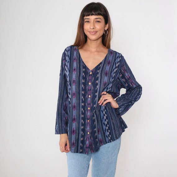 Ikat Hippie Blouse Y2K Blue Striped Shirt Boho Button up Top V Neck Bohemian Long Sleeve Purple Cotton Vintage 00s 18W