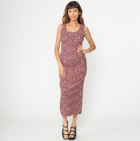 90s Burgundy Floral Midi Dress Rayon Sleeveless Bias Cut Scoop Neck Wine Dark Grunge Minimalist Scattered Cream Flowers Vintage Medium M